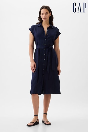 Gap Navy Blue Linen-Blend Tie Waist Midi Zinko Shirt Dress (K78249) | £50