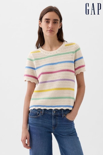 Gap Cream Stripe Crochet Crew Neck Short Sleeve Knit Jumper (K78271) | £40