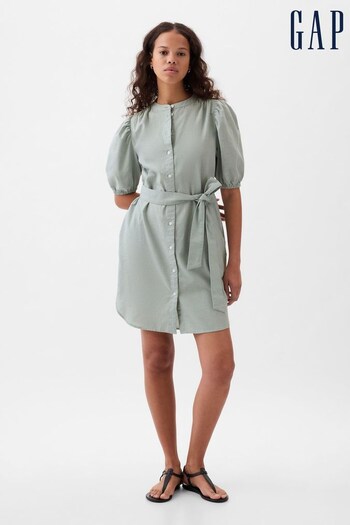 Gap Green Linen Blend Short Puff Sleeve Mini i028553 Shirt Dress (K78279) | £55