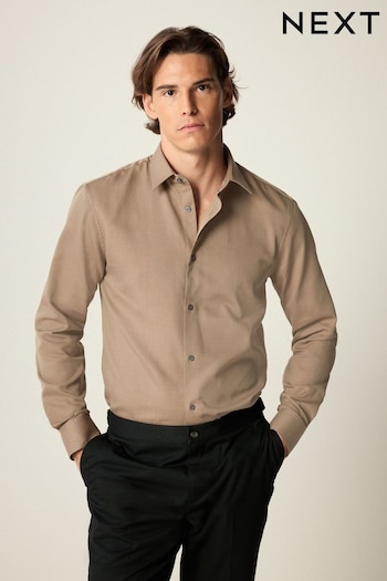 Neutral Brown Regular Fit Single Cuff Easy Care Textured Shirt (K78320) | £26