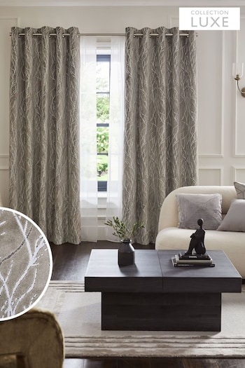 Silver Grey Collection Luxe Heavyweight Cut Velvet Twig Eyelet Lined Curtains (K78741) | £195 - £370
