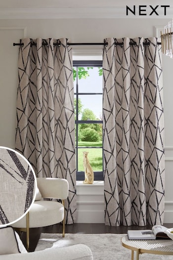 Monochrome Abstract Lines Jacquard Eyelet Lined Curtains (K78749) | £80 - £180