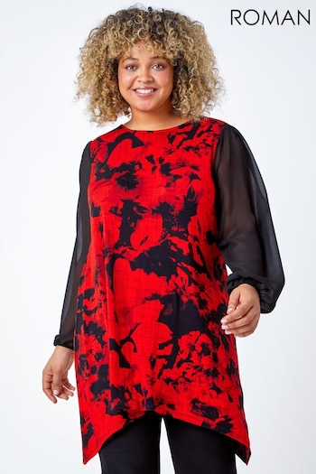 Roman Red Curve Floral Chiffon Sleeve Stretch Top (K78779) | £32
