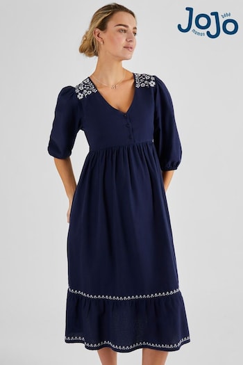 JoJo Maman Bébé Navy Linen Blend Embroidered Maternity Dress (K79456) | £56