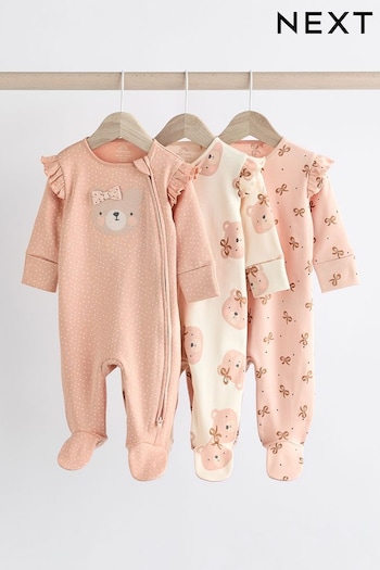 Pink Bear Two Way 100% Cotton Zip Baby Sleepsuits 3 Pack (0mths-2yrs) (K79501) | £22 - £24