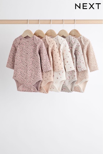 Ditsy Print Ribbed 100% Cotton Baby Bodysuits 5 Pack (K79555) | £18 - £20