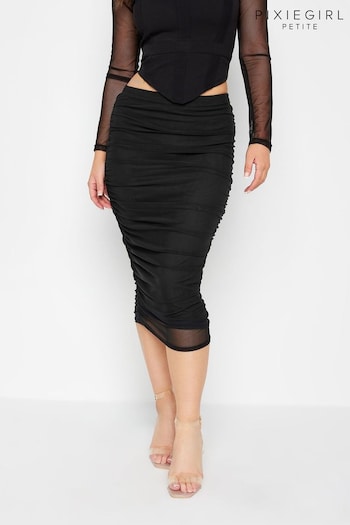 PixieGirl Petite Black Mesh Ruched Mini Skirt (K79601) | £29
