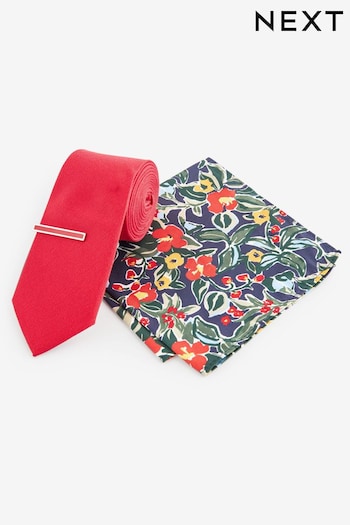 Red/Navy Blue Floral Slim Tie Pocket Square And Tie Clip Set (K79613) | £18