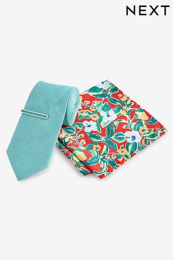 Turquoise Green/Red Floral Slim Tie Pocket Square And Tie Clip Set (K79616) | £18