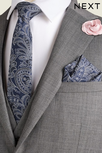 Navy Blue/Pink Textured Paisley Tie, Pocket Square And Pin Set (K79624) | £18