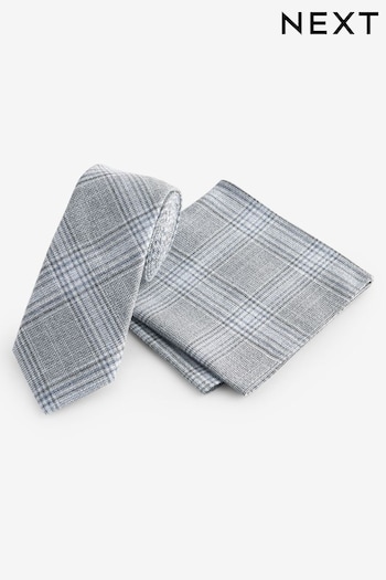 Light Grey/Light Blue Check Slim Tie And Pocket Square Set (K79637) | £16