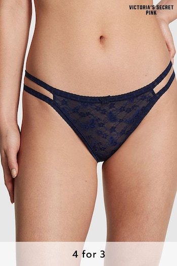 Victoria's Secret PINK Midnight Navy Blue Thong Butterfly Lace Knickers (K79737) | £9