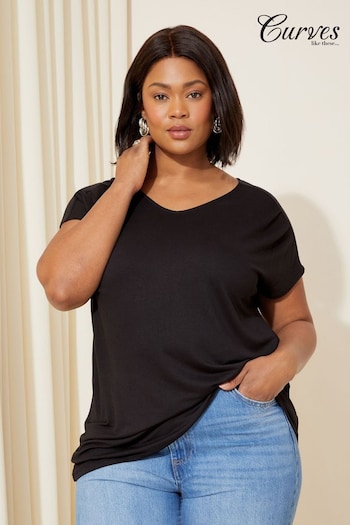 Friends Like These Black Curve Short Sleeve V Neck Tunic Top (K79799) | £20
