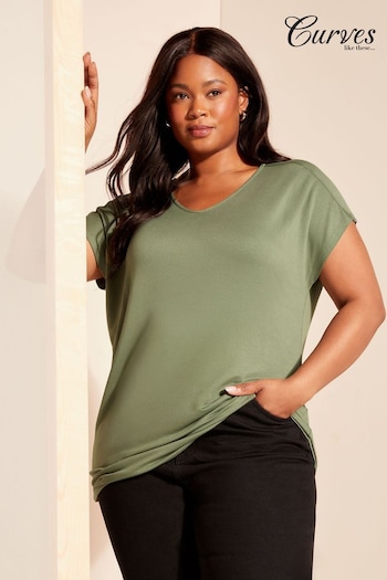 Curves Like These Khaki Green Soft Jersey V Neck Short Sleeve Tunic Top (K79801) | £23