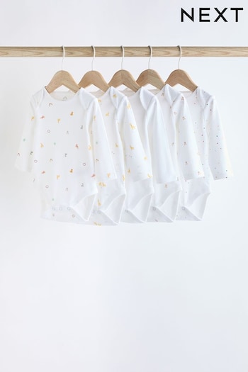 White 5 Pack Long Sleeve 100% Cotton Baby Bodysuits (K79882) | £12 - £14