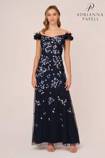 Adrianna Papell Blue Off Shoulder Beaded Gown (K79922) | £349