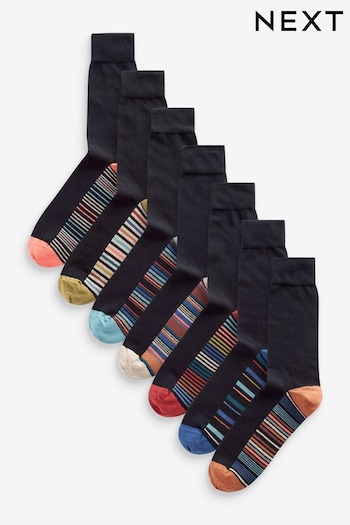 Black Multi Stripe 7 Pack Mens Cotton Rich Socks (K79935) | £14