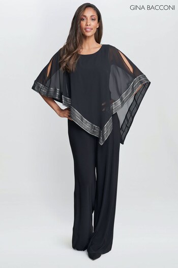 Gina Bacconi Eve Asymmetrical Cape Black Jumpsuit With Foil Trim (K79942) | £250