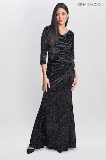Gina Bacconi Whitney Velvet Sparkle Maxi Black Dress (K79944) | £280