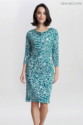 Gina Bacconi Blue Adeline Printed Jersey Cowl Neck Dress (K79951) | £120
