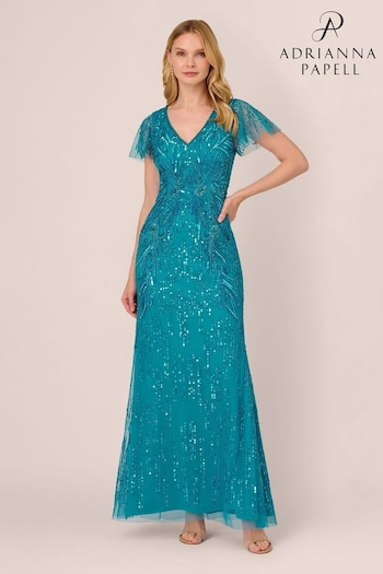 Adrianna Papell Blue Flutter Sleeve Beaded Gown (K79957) | £349
