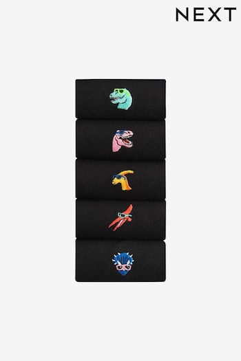 Black Summer Dinosaurs Fun Embroidered Socks 5 Pack (K79965) | £14