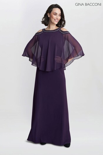 Gina Bacconi Purple Audrey Cold Shoulder Popover Gown With Beaded Neckline (K79977) | £299