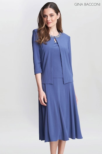 Gina Bacconi Blue Delores Jersey Midi A-Line Jacket Dress (K79979) | £260