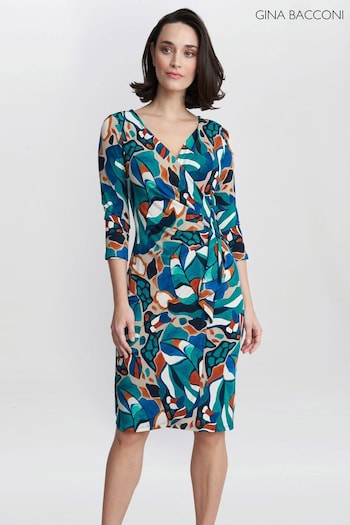 Gina Bacconi Green Beatrix Printed Jersey Ruffle Dress (K79984) | £120