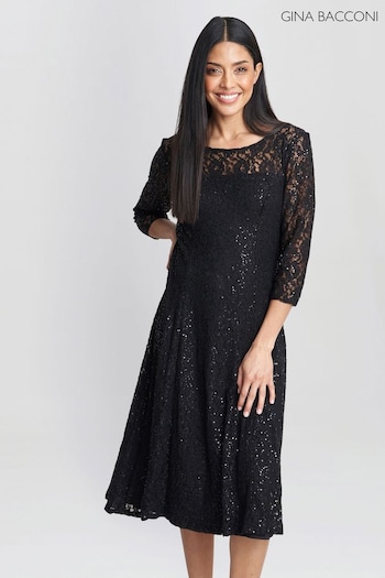 Gina Bacconi Black Elianna Midi-Length Sequin Lace 3/4 Sleeve Cocktail Dress (K79989) | £270