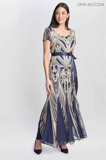 Gina Bacconi Blue Amelia Sweetheart Neck Embroidered Maxi Dress (K79990) | £350