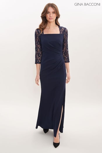 Gina Bacconi Blue Una Maxi Dress With Lace Sleeves (K79992) | £250