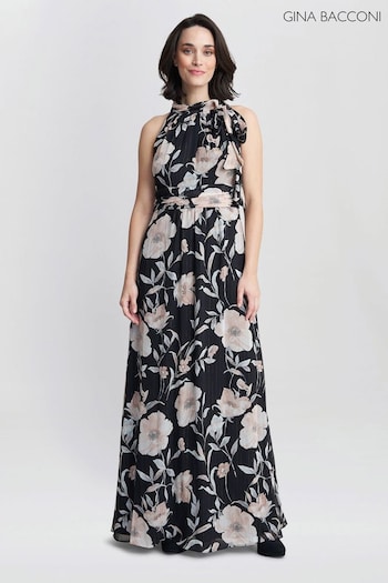 Gina Bacconi Printed Maxi Black Dress With Tie Neckline Detail (K79996) | £220
