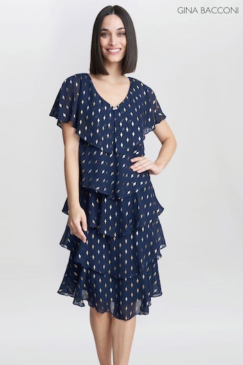 Gina Bacconi Blue Sybil Foil Print Tier Dress (K80001) | £220