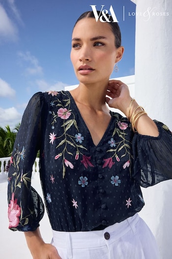 V&A | All Womens New In Navy Blue Embroidered V Neck 3/4 Sleeve Dobby Top (K80005) | £44