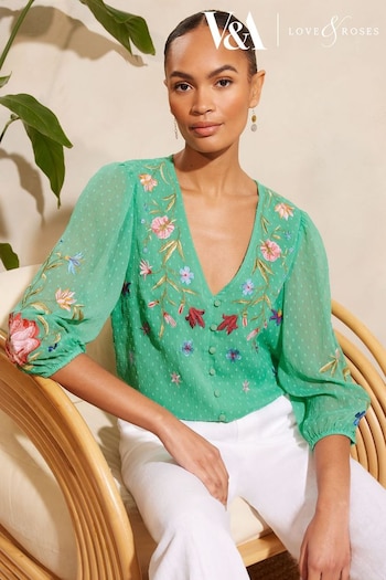 V&A | Sets & Outfits Green Embroidered V Neck 3/4 Sleeve Dobby Top (K80006) | £44