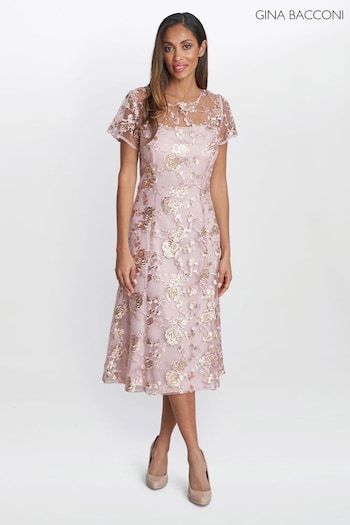 Gina Bacconi Pink Davina Embroidered A Line Dress (K80008) | £290