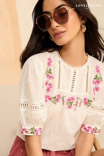 Table & Desk Lamps Ivory White Embroidered Yoke Puff Sleeve Blouse (K80030) | £36