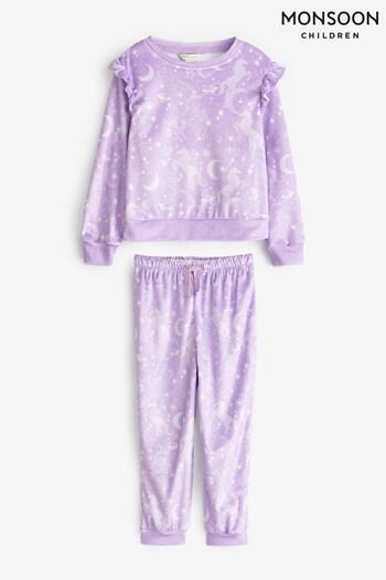 Monsoon Purple Unicorn Velour Pyjama Set (K80071) | £26 - £30