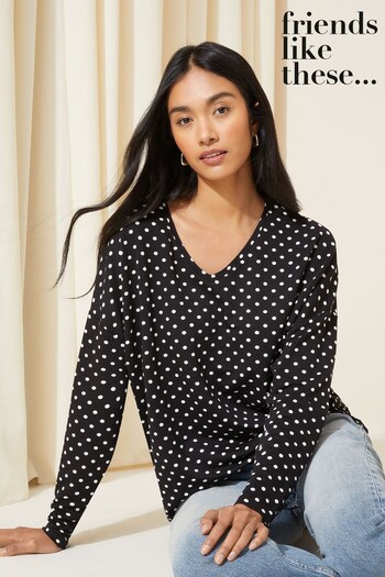 Friends Like These Mono Polka Dot Soft Jersey V Neck Long Sleeve Tunic Top (K80171) | £26
