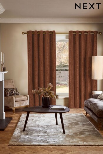 Rust Brown JuzsportsShops Collection Luxe Plush Chenille Lined Eyelet Curtains (K80229) | £100 - £225