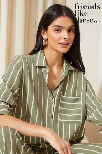 Friends Like These Khaki Green Long Sleeve Button Through Pocket Detail Shirt (K80309) | £34