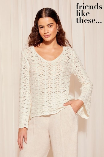 bear-print sweatshirt Weiß Ivory White Crochet Flute Sleeve Top (K80407) | £34