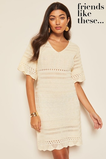 Wedding Guest Dresses Ivory White V Neck Crochet Mini Dress (K80434) | £42