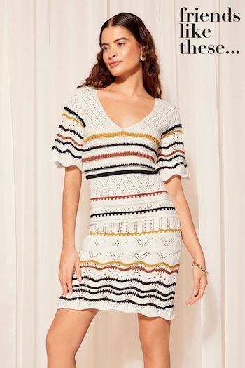 Friends Like These White Multi V Neck Crochet Mini Dress (K80440) | £42