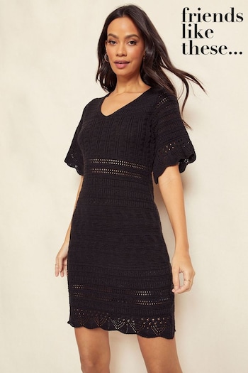 Beauty Top Picks Black Petite V Neck Crochet Mini Dress (K80441) | £40