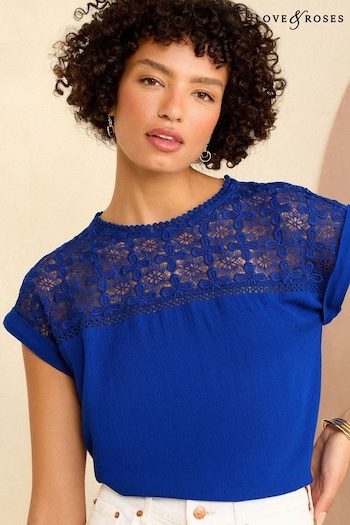 Love & Roses Blue Crochet Yoke Woven T-Shirt (K80461) | £26