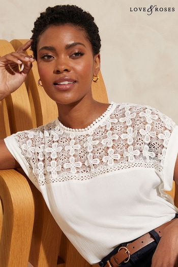 Love & Roses Ivory White Crochet Yoke Woven T-Shirt (K80549) | £26