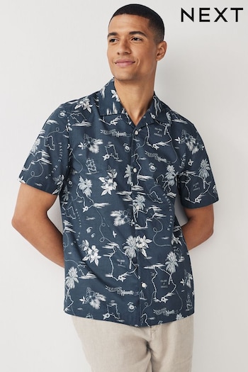 Navy Blue Printed Floral Short Sleeve Shirt with Cuban Collar (K80556) | £30