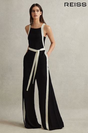 Reiss Black/White Salma Contrast Trim Belted Jumpsuit (K80774) | £268
